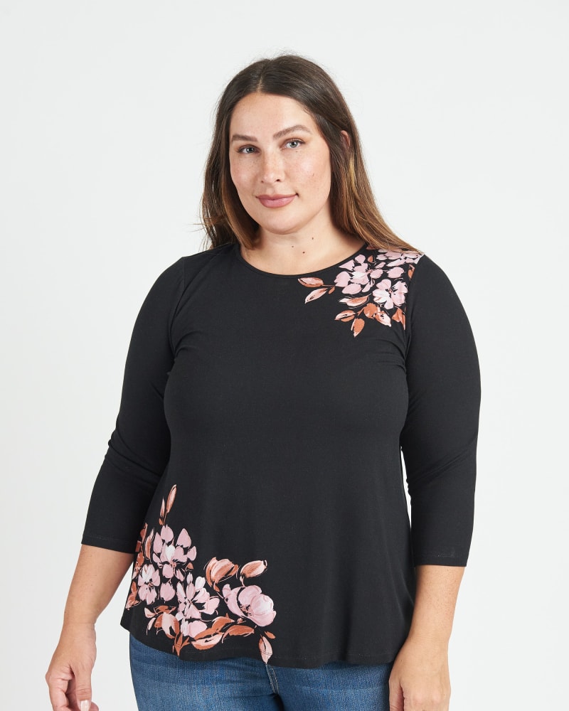 Front of a model wearing a size 2X Lindsey Floral Knit Top with Open Back Yoke in N376 Pink by Daniel Rainn. | dia_product_style_image_id:271885